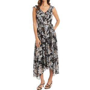 R & M Richards Floral Print V-Neck Asymmetrical Hem Dress - Black/Taupe 12
